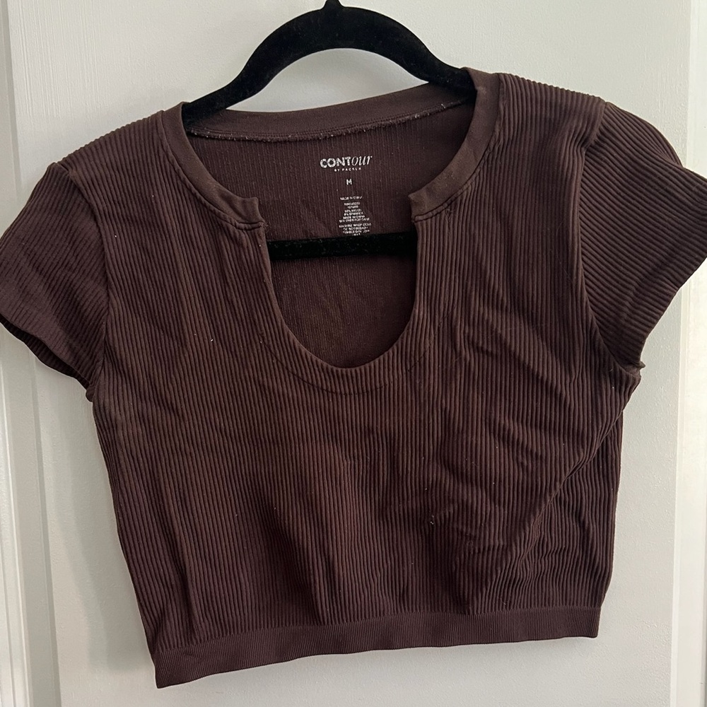 Brown Ribbed Short Sleeve Crop Top